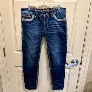Women's Rock Revival Embellished Malia Skinny Blue Jeans Size 32 Dark Wash
